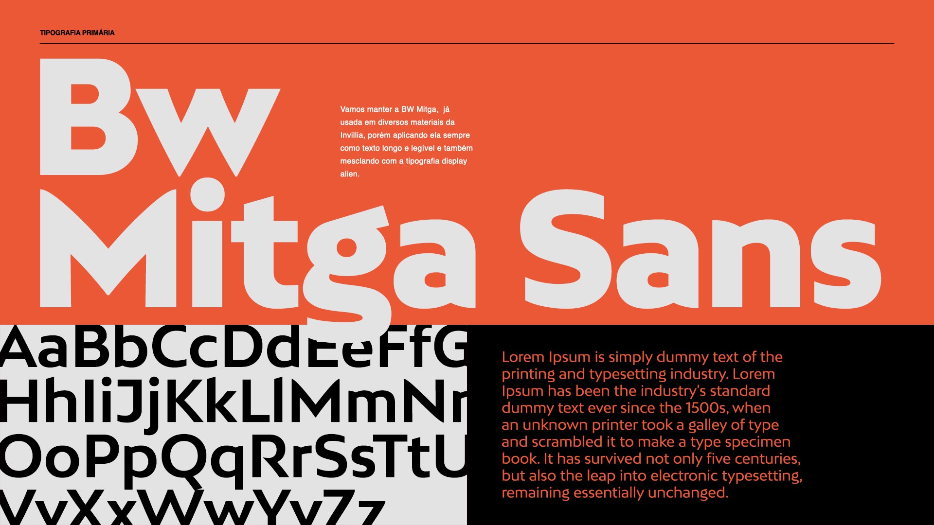Primary type — BW Mitga as the readable counterpoint to the display.